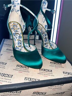 Gucci Teal Satin Ankle-Strap Pointed-Toe Stilettos